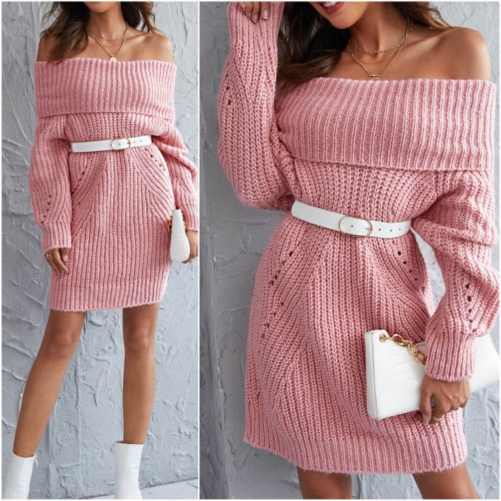 BOHO pink off shoulder knit sweater dress - Picture 1 of 6